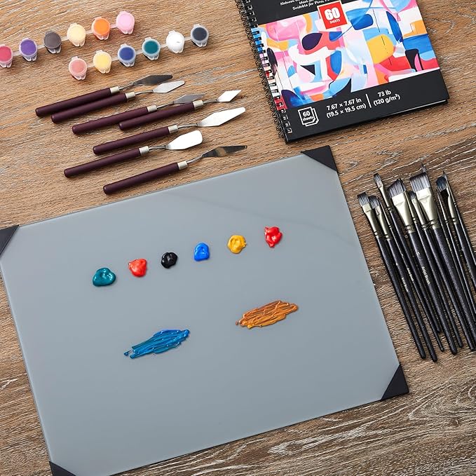 Nuanchu 20 Pcs Artist Painting Set with 16 x 12 Inches Neutral Grey Tempered Glass Palette, 12 Pcs Watercolor Brushes, Palette Knife for Oil Painting Artist Beginner DIY Color Mixing Supplies