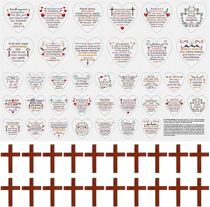 Pocket Prayer Quilt Panel Squares with Small Wooden Crosses Mini Scripture Pocket Prayer Quilt for Friend Family Religious Spiritual Gift Easter Reward Gift(Heart1,Brown)