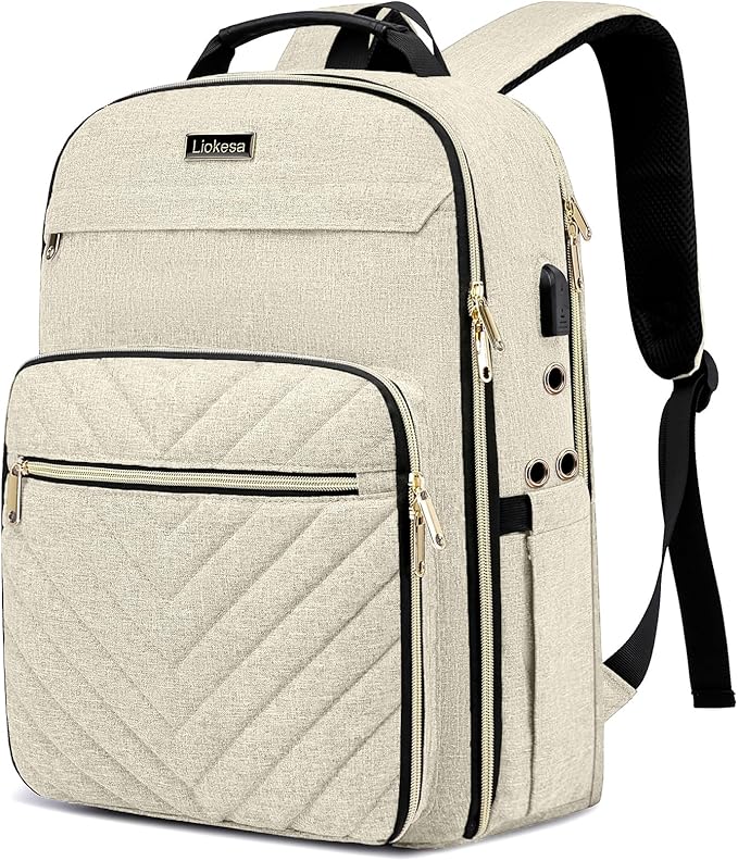 Knitting Bag Backpack, Crochet Bag Tote, Large Storage Tote with USB Charging Port, Yarn Holder Case for Carrying Projects, Needles, Supplies, Beige