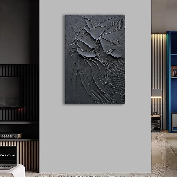 NANKAI Art Hand Painted Pure Black Wall Decoration Art Modern Minimalist Oil Painting 36x24 inch Vertical Thick Texture Wall Art Home Office Corridor Wall Art Decoration