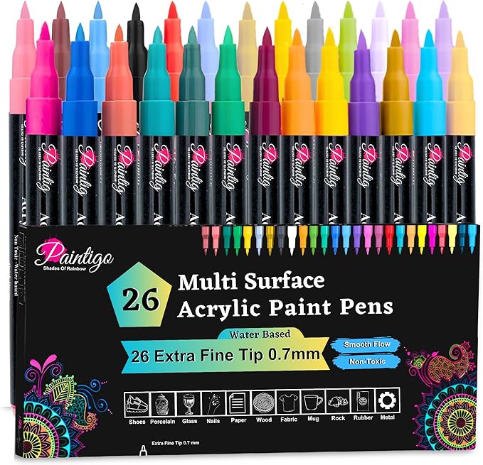 PAINTIGO Extra Fine Acrylic Markers – 26 Paint Pens for Rock Painting, Canvas, Wood, Glass, Ceramic, Fabric, DIY Crafts, Scrapbooking, Drawing, Detailing, Art Supplies