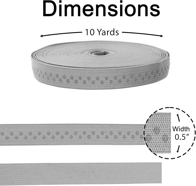 Mandala Crafts 0.5 Inch Elastic Silicone Gripper Tape for Clothing - 10 Yds Dotted Non Slip Elastic Band for Sewing - Gray Silicone Flat Fabric Stretchy Ribbon Straps