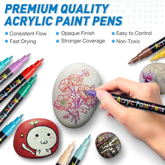 JR.WHITE Acrylic Paint Pens Paint Markers Set of 18: Fine Point for Rock Painting Glass Wood Ceramic Fabric Metal Canvas Easter Eggs Pumpkin Kit, Drawing Art Crafts for Adults Scrapbooking Supplies