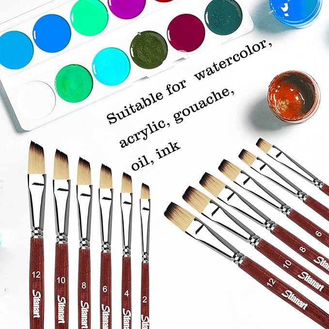 Watercolor Brushes Professional 12 PCS ， 6 Flat Painting Brush and 6 Angled Paintbrush for Watercolors,Acrylics,Oil,Gouache,Ink,Different Size Paintbrushes Perfect for Artists and Beginners