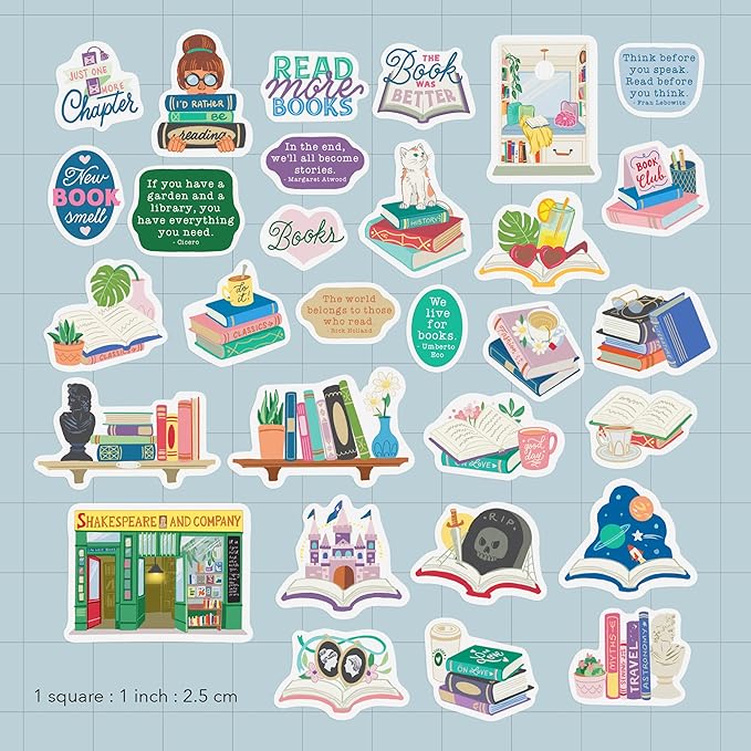 Navy Peony Cozy Book Lover Stickers (30 Pieces) - Reading Quotes, Calming, Waterproof | Library Stickers for Laptops, Water Bottles, Scrapbooks