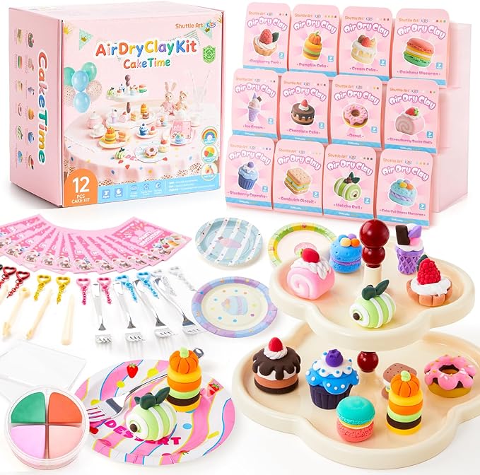 Shuttle Art Air Dry Clay for Kids - Cake Time, 52 PCS Modeling Clay Kit with Sculpting Tools and Tutorials, Safe & Non-Sticky, Craft Gifts for Boys & Girls