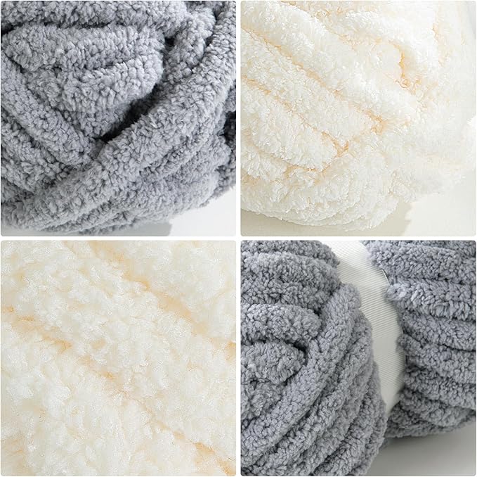 HOMBYS Chunky Chenille Yarn for Hand Knitting - 4 Cream + 4 Light Grey, Fluffy Soft Jumbo for Crocheting, Super Bulky Big for Chunky Blanket, Large Thick Arm Knitting, 8 Pack Plush