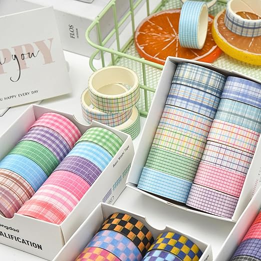 12 Rolls Grid Washi Tape Set Plaid Arts Adhesive Tapes Basic Patterns Decorative Masking Tape Sets for Craft, Kids, Scrapbook, DIY, Gift Wrapping (Style Two)