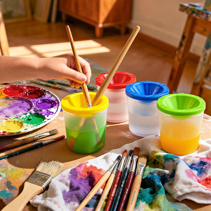 24 Pcs No Spill Paint Cups with Lids for Kids Reusable Spill Proof Paint Cups for Classroom art Supplies and Crafts, (4 Colors)