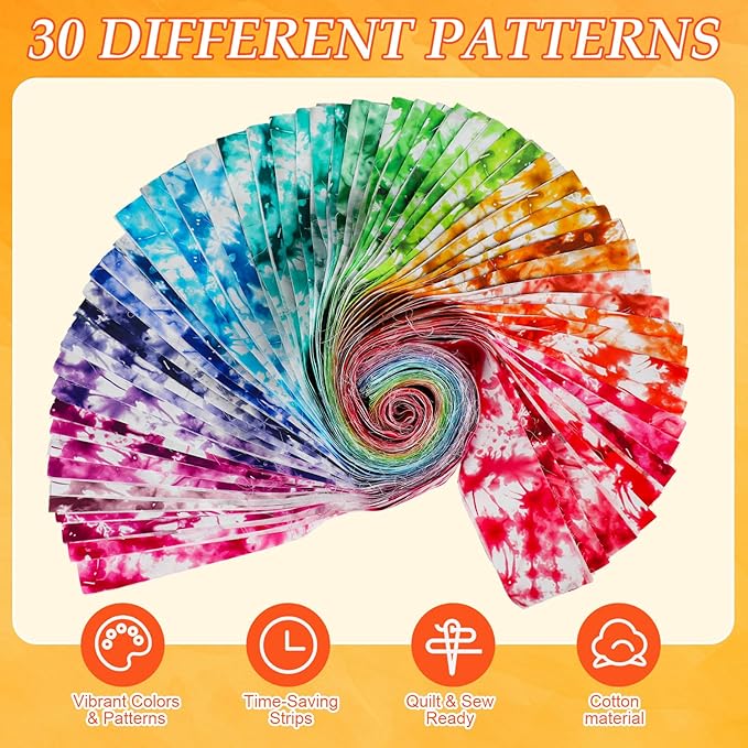 60 Pcs Christmas Quilting Fabric Roll 2.6 x 40" Cotton Fabric Strips Precut Jelly Patchwork for Craft Sewing(Tie Dye)