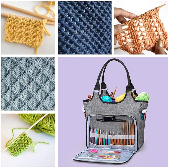 YARWO Knitting Tote Bag, Yarn Storage Organizer for Yarn Skeins, Knitting Needles, Crochet Hooks and Knitting Projects, Christmas & New Beginnings Gifts for Women, Gray with Arrow (Patent Pending)