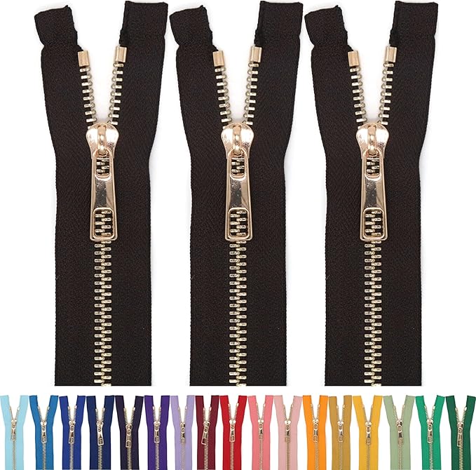 #5 Gold Metal Zipper - 50+ Colors - 3 PCS - (4-14 inches) Sizes - Luxury Lightweight Handcraft Metal Zippers with pulls for Purses Bags Pockets Shoes Sewing & Crafts DIY ZP02507