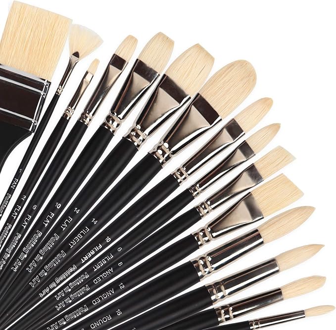 Falling in Art Natural Bristle Professional Paintbrush Set, 15PCS Long Handled Paint Brushes for Acrylic Painting, Oil Paint Brushes with Bamboo Storage Pouch