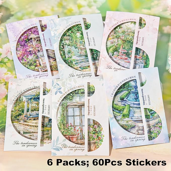 Cottagecore Garden PET Sticker Set, 60PCS Aesthetic Landscape Stickers for Scrapbooking, Journaling, DIY Crafts, and Art Supplies