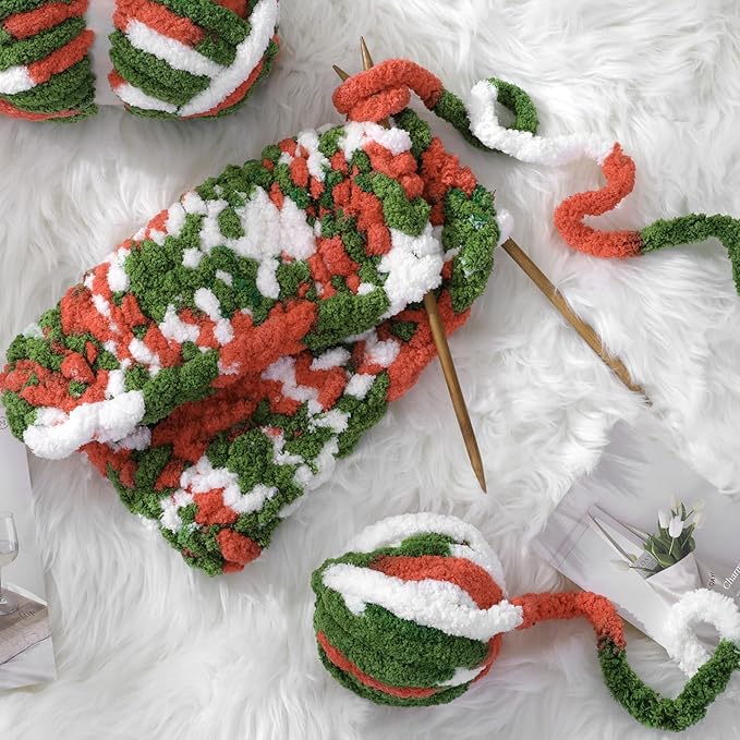 Hombys 8 Pack Giant Chunky Yarn for Crocheting/Hand Knitting - Super Bulky Large Soft Fluffy Tie Dye Plush Fuzzy Mixed Color Thick Chenille Yarn (Red, Green, White)
