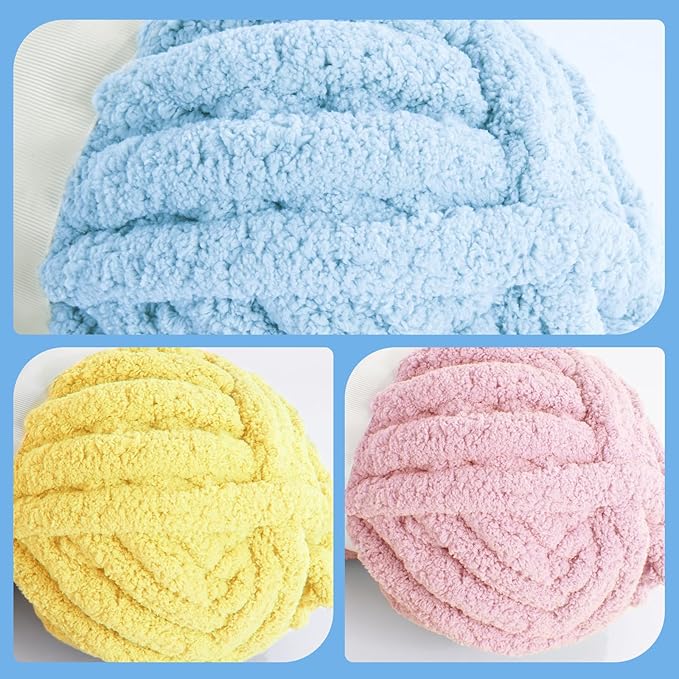 HOMBYS 12 Pack Chunky Yarn for Crocheting,Super Bulky Large Soft Fluffy Yarn,Plush Fuzzy Yarn,Thick Chenille Yarn for Hand Knitting/Arm Knitting,4 Pink,4 Buttercup,4 Sky Blue(Each 27yds,8 oz)