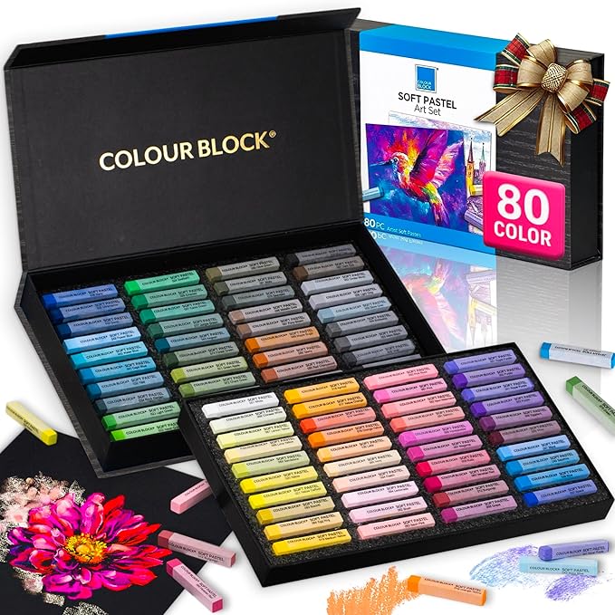 COLOUR BLOCK Soft Pastels for Artists - 80 Colors Square Chalk Soft Pastels Art Set in CARBON Box - Vibrant Pigments Art Kit for Painting, Drawing, Sketching, Hobbyist.