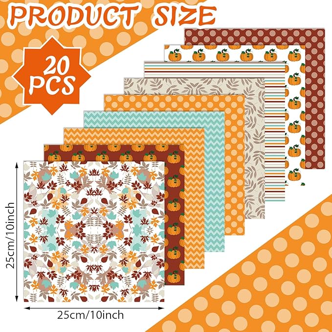 HunnmingRe 20 Pcs 10''x10'' Fall Pumpkin Quilting Fabric Square Thanksgiving Maple Leaf Quiltted Fabric Bundle Multicolor Precuts Printed Patchwork Supplies for Autumn Harvest DIY Sewing Craft