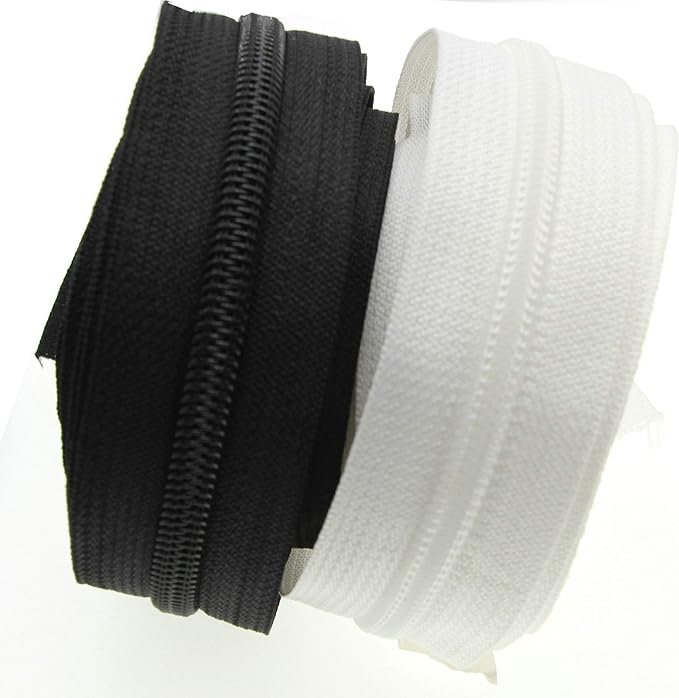 #5 Nylon Coil Sewing Zippers by The Yard Bulk 10 Yards White and Black Colors with 20pcs Matched Sliders for DIY Tailor Sewing Craft,Luggage,Dress,Sofa Cushion, Pillow, Bag Leekayer(White and Black)