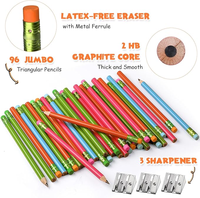 Fainne 102 Pcs Bulk Thick Jumbo Graphite Pencils Set 96 Fat Giant Large Pencils and 6 Sharpeners Enhanced Grip for Art Drafting Writing Drawing Office and Home Use(Colored,Round)
