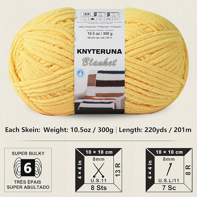 #6 Super Bulky Blanket Yarn for Crocheting - 4 Skeins(Each 10.5oz/300g, 220yds/201m), Chunky Chenille Thick Plush Big Soft Yarn for Crocheting Knitting Blankets, Yellow