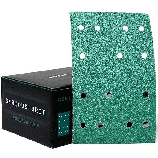 Serious Grit - 3" x 5" (80mm x 133mm) 14-Hole 40 Grit Sanding Sheets - Fits Festool RTS 400 & Mirka Deos 353 - Heavy-Duty Hook & Loop Film Abrasives - Sandpaper for Sheet Sanders - 25 Pack Box