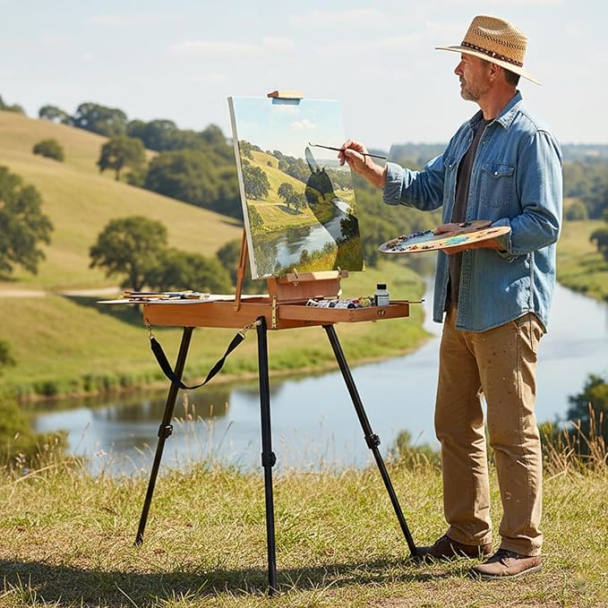 Falling in Art Light Weight French Style Field and Sketchebox Easel with Aluminum Tripod, Adjustable Beechwood Tripod Standing Easel with Drawer, Palette