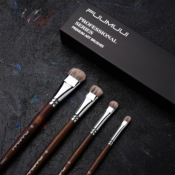 Fuumuui Professional Paint Brush Set, 4Pcs Natural Badger Hair with Filbert Shape Blending Mop Oil Paint Brushes for Acrylic Painting Oil and Gouache