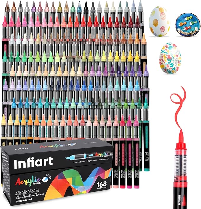 168 Colors Acrylic Paint Markers Brush Tip, Automatic Ink Control Acrylic Paint Pens Waterproof Acrylic Markers Set for Christmas Decorations, Stone, Wood, Glass, DIY & Art Supplies