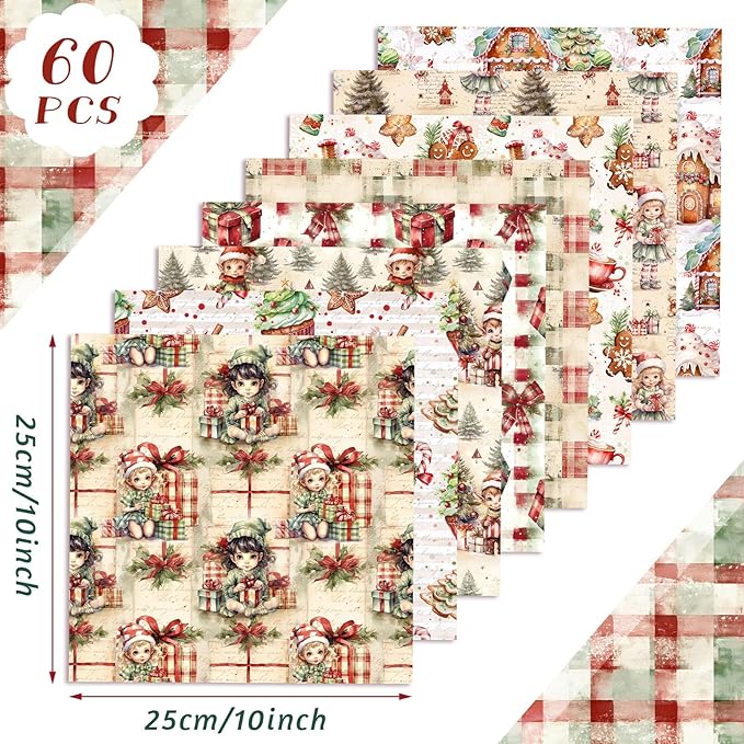 Oudain 60 Pcs 10 x 10 Inch Vintage Christmas Quilting Fabric Squares Christmas Gingerbread Man Fat Patchwork Precut Strips Gift Boxes Fabric Bundles for Xmas DIY Craft Sewing Handmade Materials