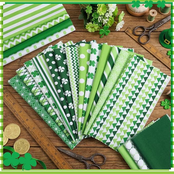 20 Pcs 10''x10'' St. Patrick's Day Quilting Fabric Square Bundle Irish Green Precuts Quiltted Fabric Shamrock Lucky Clover Printed Patchwork Supplies for Holiday Patchwork DIY Sewing Craft