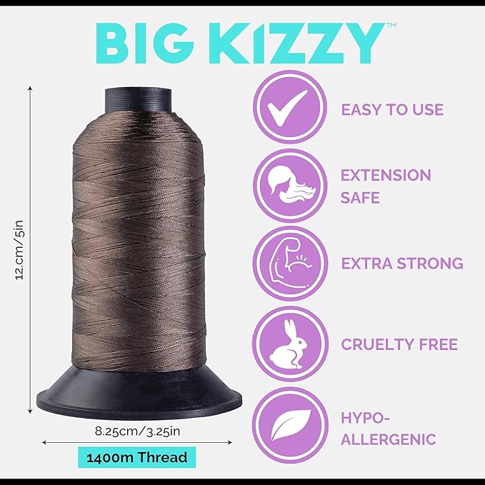 Big Kizzy Light Brown 1400m Nylon Thread for Hair Extensions, Sew in Human Hair Weft and Wigs - Non-Slip and Comfortable Hold for Hand and Machine Tied Weft