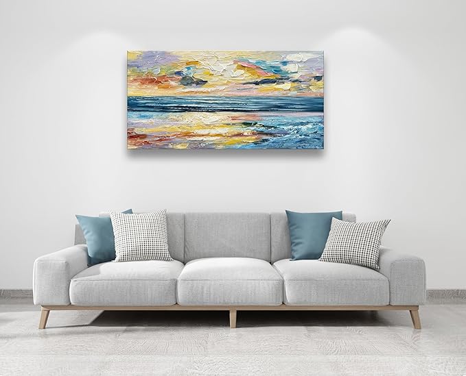 Art Hand Painted Ocean Landscape Oil Painting Sea Sunset Landscape Modern Abstract Art Home Wall Decoration 24x48 Inches