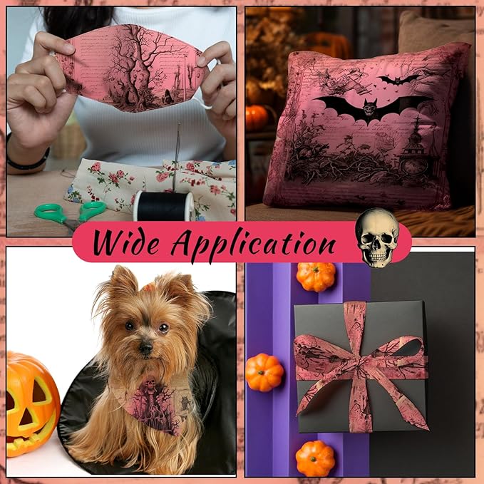 Hahafelt 10 Pcs 18 x 22 Inch Pink Halloween Quilting Fabric Vintage Halloween Pink Ghost Fat Quarters Precut Retro Bat Skeleton Eyes Fabric Squares for Holiday Sewing DIY Handmade Craft
