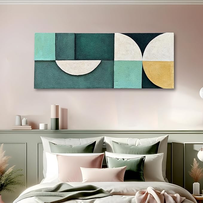 Art Hand-Painted Blue and Green Geometric Figure Abstract Oil Painting 24x60-inch Large Canvas Art Wall for Home and Office Wall Decoration