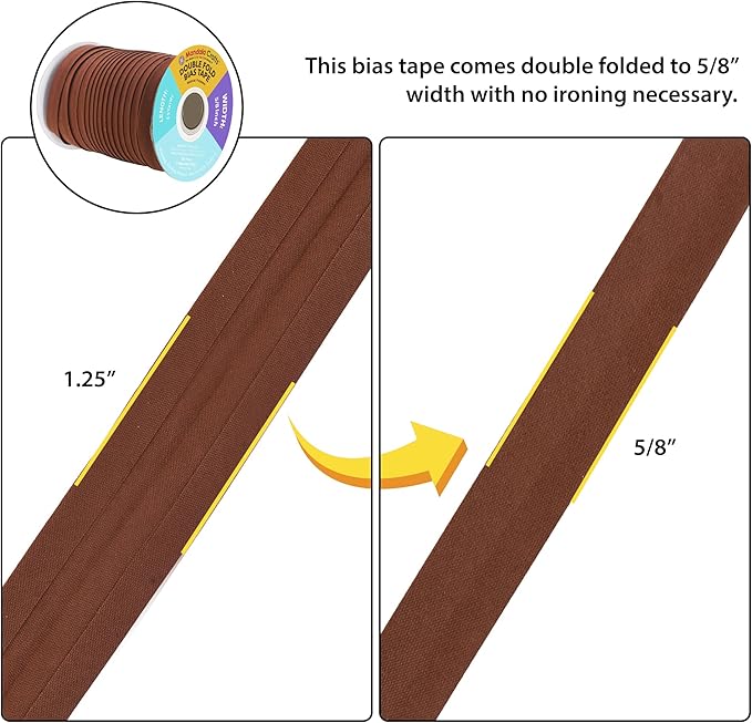 Mandala Crafts 55 Yards 5/8 Inch Brown Double Fold Bias Tape for Sewing - Bias Binding Tape for Quilting Binding, Hemming, Seam, and Fabric Piping