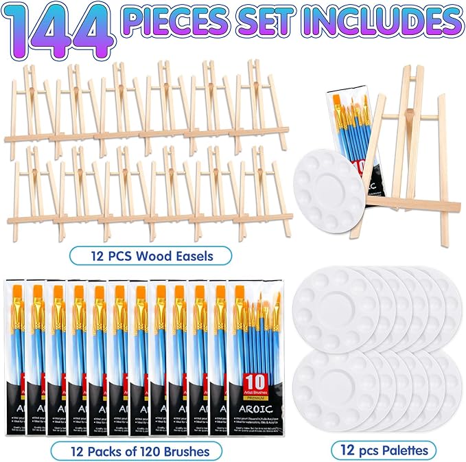 144 PCS Professional Painting Set, 12 PCS Wood Easels,12 Packs of 120 Brushes with Nylon Brush Head and 12 PCS Palettes, Painting Supplies kit for Kids & Adults Party.