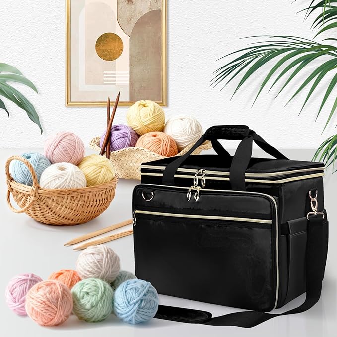 Anitor Large Crochet Bag Knitting Bag Yarn Storage Tote, Yarn Bag with Clear Top Lid, Unfinished Project Compartment, 6 Yarn Holes. Holds Knitting Needles, Crochet Hooks, Yarn, Black, (Bag Only)