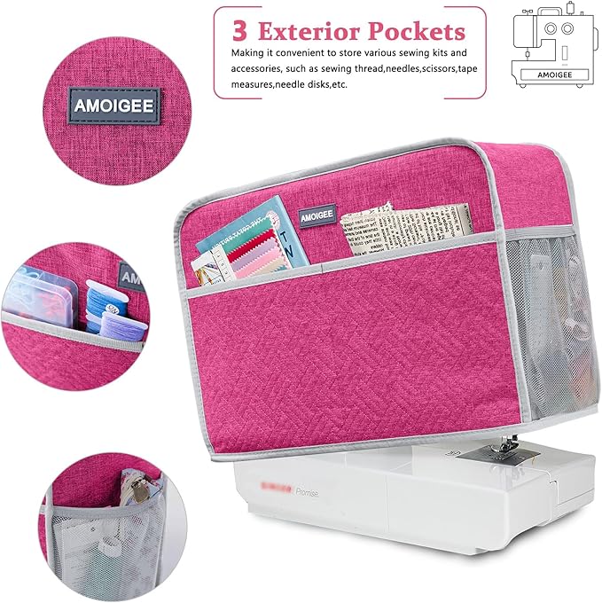 AMOIGEE Sewing Machine Cover for Brother, Singer, Janome – Quilted Dust Cover with Storage Pockets, Padded Protective Sewing Machine Case Fits Most Standard Sewing Machines (17" x 7" x 12")