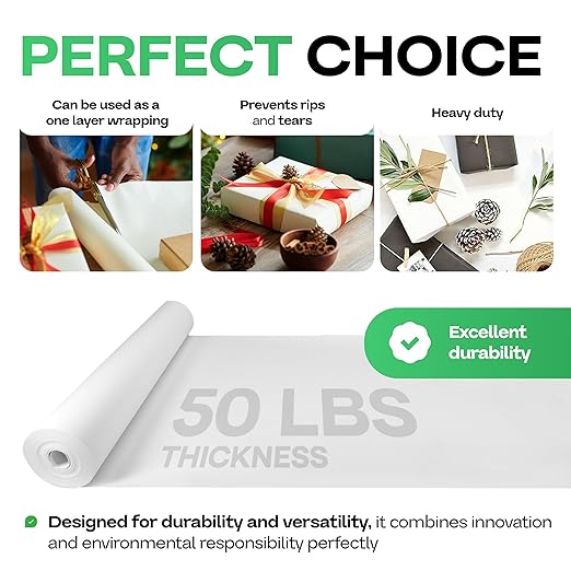 White Kraft Paper Roll 24" x 8640" (720 feet) - Quality USA-Made Large Paper Roll 50lb Thickness for Packing, Moving, Shipping & Crafts/Art - 100% Recyclable Natural Wrapping Material by IDL Packaging