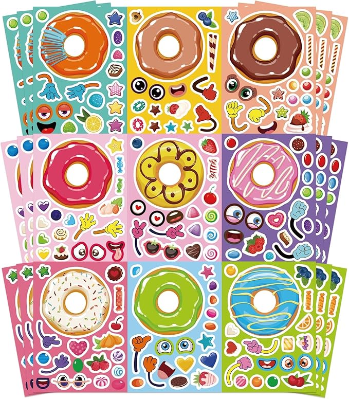 DUJAA 27 Sheets Donut Stickers for Kids, DIY Art Crafts, Make Your Own Donut Stickers, Mix and Match Sweets and Treats Fruit, Birthday Gifts, Teacher Reward