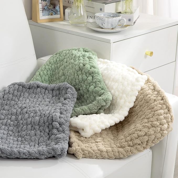 HOMBYS Chunky Chenille Yarn for Hand Knitting - 4 Cream + 4 Light Grey, Fluffy Soft Jumbo for Crocheting, Super Bulky Big for Chunky Blanket, Large Thick Arm Knitting, 8 Pack Plush