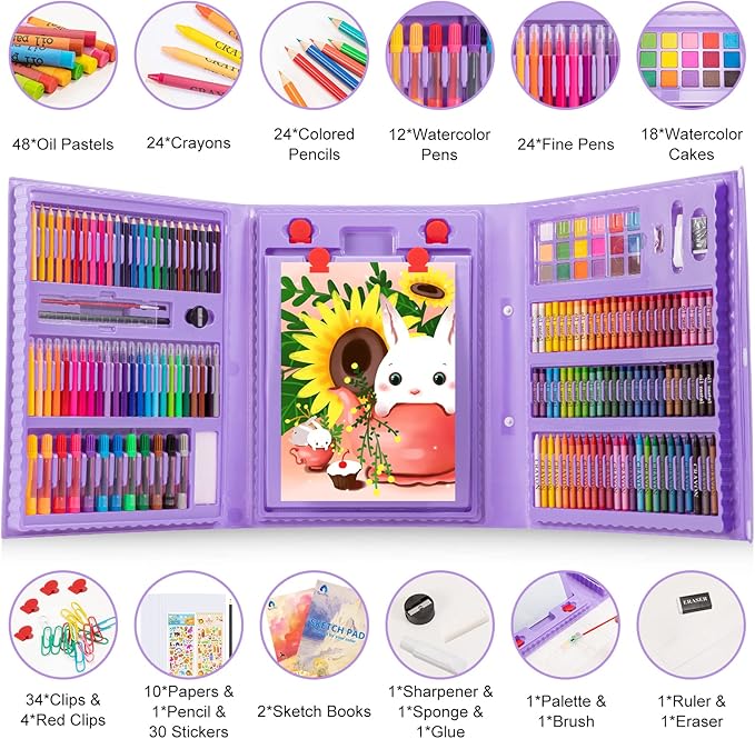 VigorFun Art Supplies, 240-Piece Drawing Art Kit, Gifts for Girls Boys Teens, Art Set Crafts Case with Double Sided Trifold Easel, Includes Sketch Pads, Oil Pastels, Crayons, Colored Pencils (Purple)