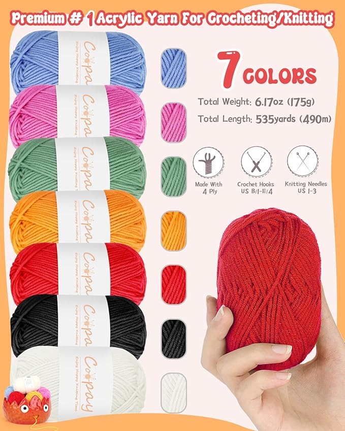 Coopay Flame Yarn Bowls for Crocheting/Knitting, Cute Yarn Storage Bowls with 7PCS Yarns, Large Size Ceramic Yarns Bowl Crochet Knitting Bowls for Beginners, Great Knitting Crochet Gift (7in)