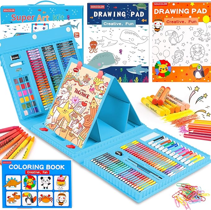 Soucolor Arts and Crafts, 283 Pieces Drawing Set Art Kits with Trifold Easel, 2 Drawing Pads, 1 Activity Coloring Book, Crayons, Oil Pastels, Watercolor Cakes, Colored Pencils, Watercolor Pens