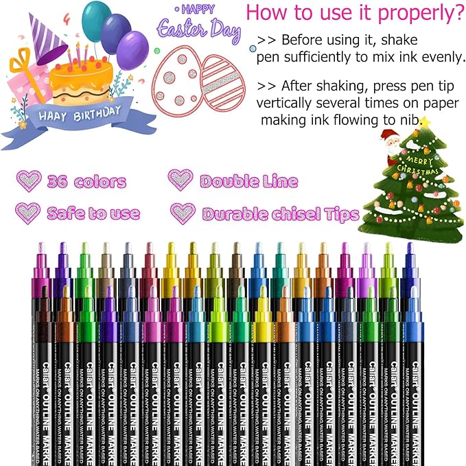 Caliart 36 Colors Outline Markers Shimmer Glitter Pens, Doodling Marker Set, Birthday Gifts Trendy Stuff, Cool Fun Craft Drawing Arts Supplies