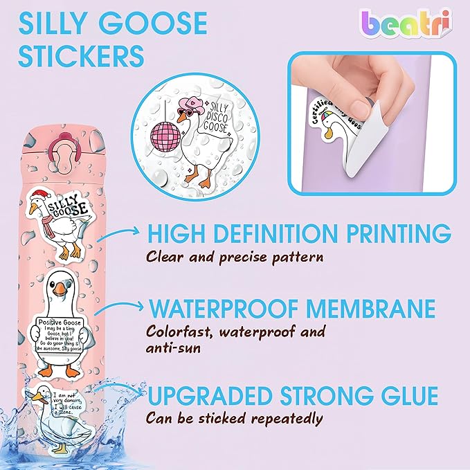 BEATRI Silly Goose Stickers 50Pcs Certified Silly Goose Meme Vinyl Waterproof Decor & Party Favors for Laptop, Water Bottle, Skateboard & Travel Gear | Non-Repeating Decals, High-Definition Print