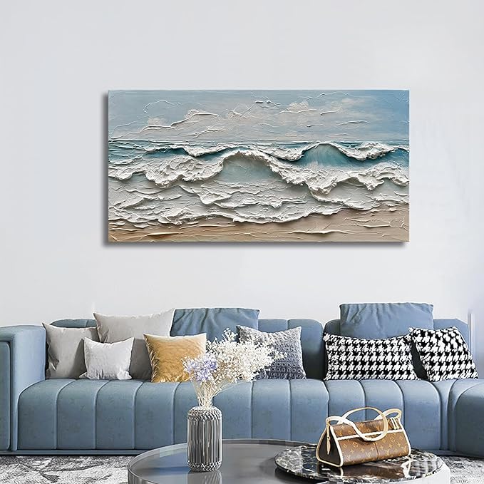 Art Hand-Painted Sea Wave Beach Landscape Oil Painting Modern Abstract Canvas Art Home Office Wall Decoration 24x48 inches