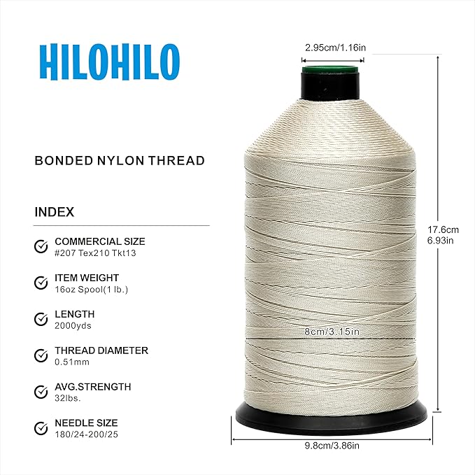 Extra Strong Bonded Nylon Thread #207 Tex210 – 16 OZ, 2000yds, Versatile Stitching Solution for Leather, Upholstery, Canvas Repair and More (Beige)