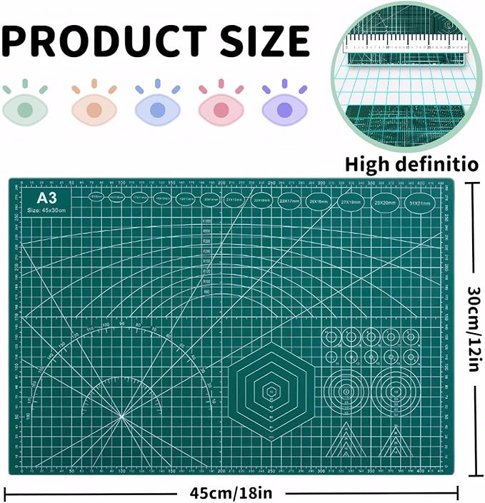 Self Healing 18"X12" Cutting Mat, A3 Sewing Mat Rotary Double Sided Thickened Mats for Crafts, for Sewing Crafts Hobby Fabric Precision Scrapbooking Project,Green 2 Pcs